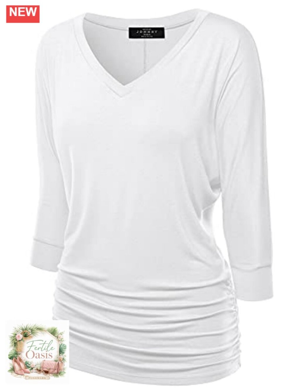 Women's 3/4 Sleeve Dolman Top with Side Shirring V-Neck - Soft Rayon Blend